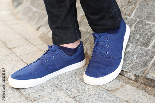 Stylish man in blue shoes outdoors