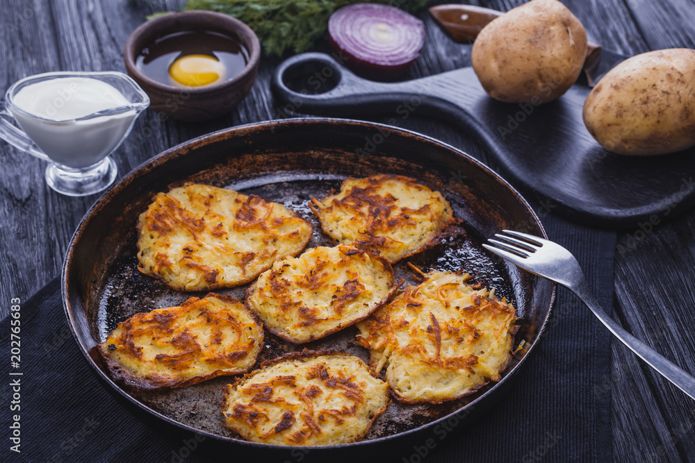Homemade Traditional potato fritters on a Background
