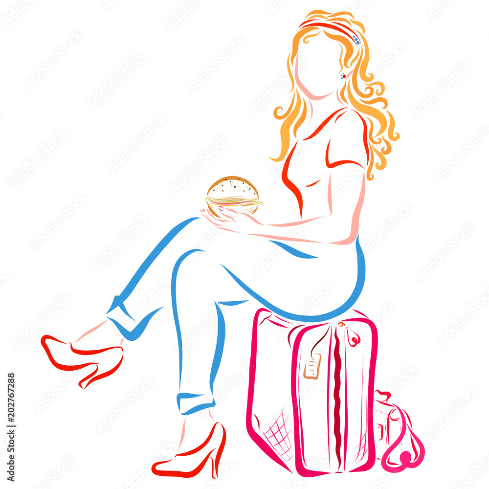 Beautiful curly blonde in jeans with luggage and a sandwich Beautiful curly blonde in jeans with luggage and a sandwich