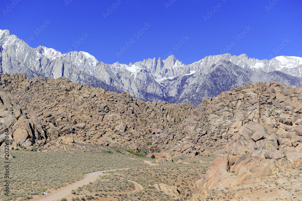 Mount Whitney and the Alabama Hills, California 14er, state high point and highest peak in the lower 48 states, located in the Sierra Nevada Mountains