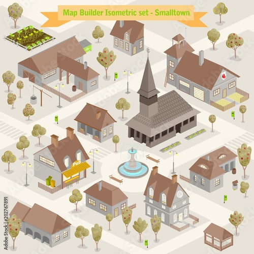 Map builder isometric set in vector format illustration of a small town buildings and houses architecture cartography style