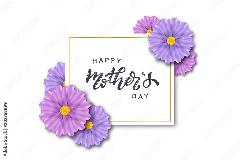 Vector realistic isolated poster for Mother's Day with flowers and lettering for decoration and covering on the white background. Concept of Happy Mothers Day.