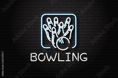 Vector realistic isolated neon sign for bowling for decoration and covering on the wall background. Concept of game sport and bowling club.
