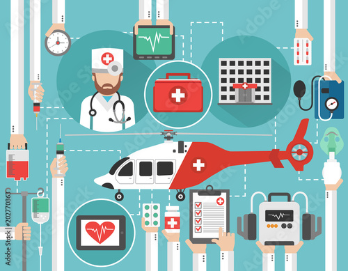 Healthcare flat design with helicopter,hospital,and doctor isolated vector illustration 