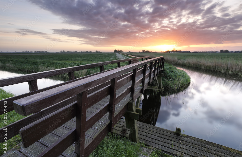 Naklejka premium wooden bridge for bicycles via river at sunrise
