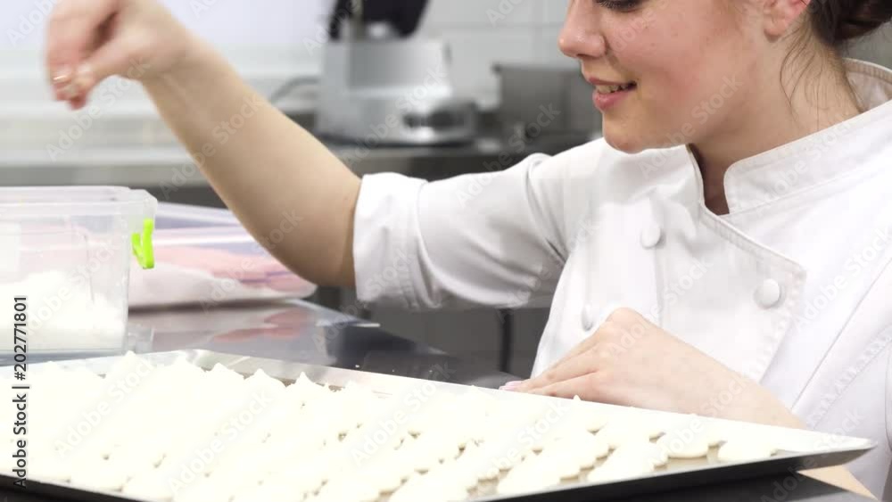 Cropped close up of a cheerful professional pastry chef preparing meringue cookies at her kitchen decorating them with coconut flakes. Profession, occupation, eating, food, recipe, desserts. Cropped close up of a cheerful professional pastry chef preparing meringue cookies at her kitchen decorating them with coconut flakes. Profession, occupation, eating, food, recipe, desserts.