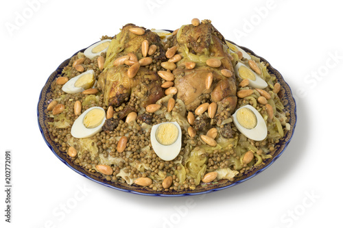  Traditional Moroccan Rfissa dish with eggs and almonds