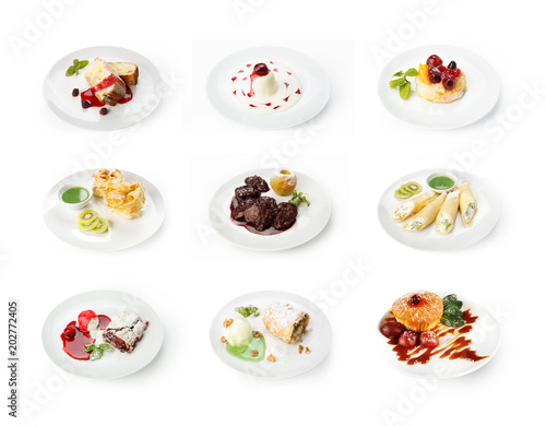 Collage of restaurant desserts isolated on white