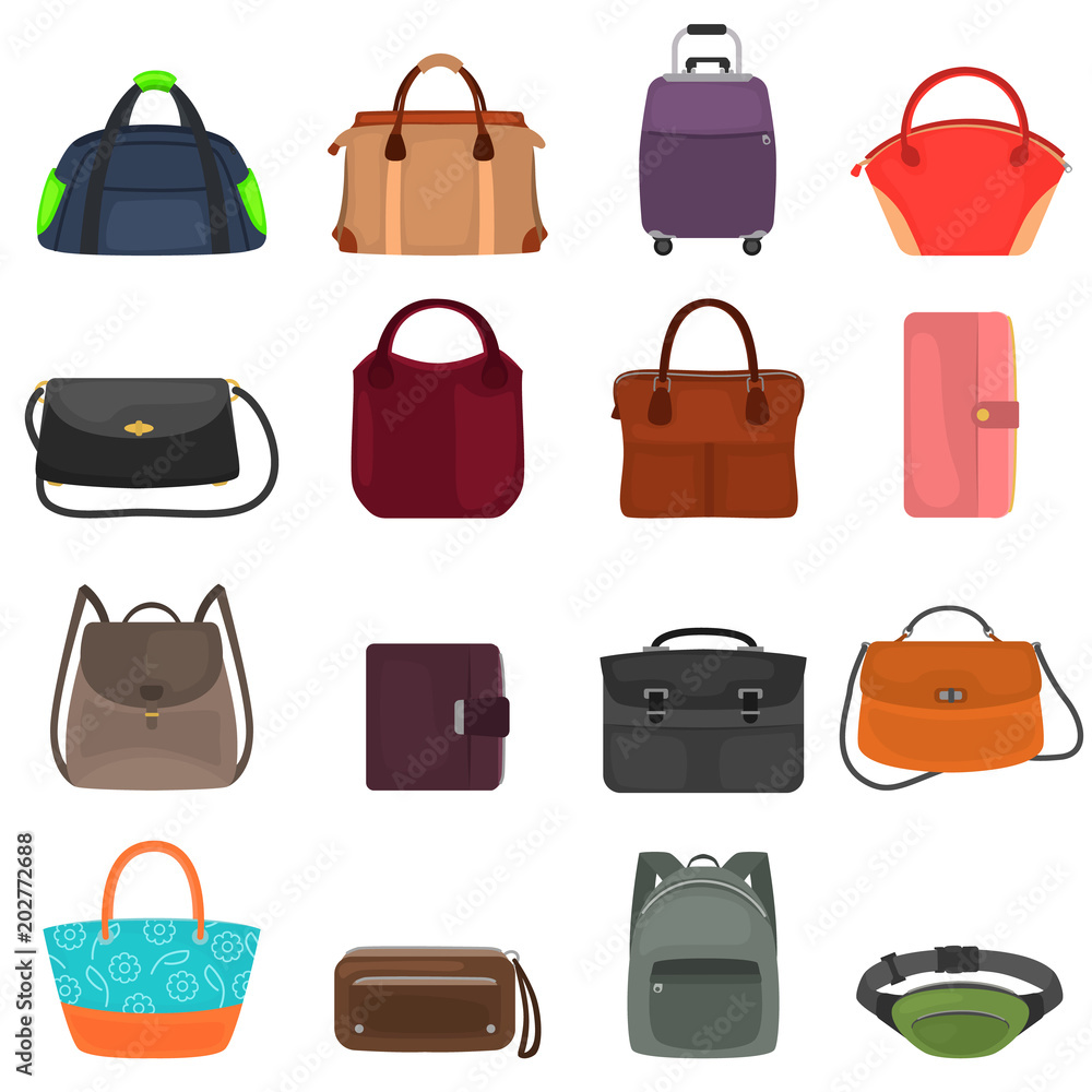 Bags and wallets color flat icons set Bags and wallets color flat icons set