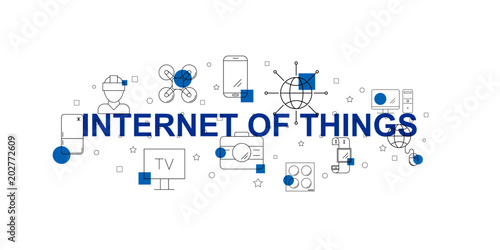 Internet of Things vector banner. Word with line icon. Vector background