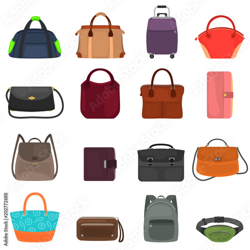 Bags and wallets color flat icons set