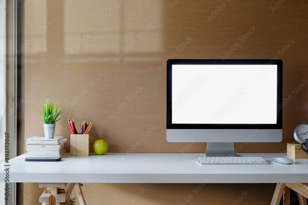 Fototapeta premium Work space mock up desktop computer on office table.