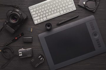Diverse personal equipment for photographer