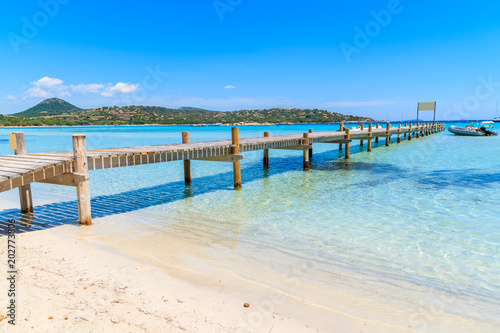 Wooden jetty on Santa Giulia beach  Corsica island  France