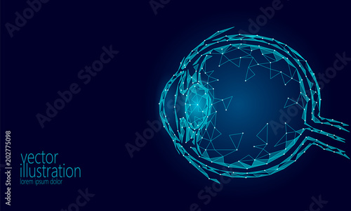 Human eyeball 3D render low poly. Polygonal blue future medicine technology science medical poster. Vision ophthalmology health eye world day vector illustration