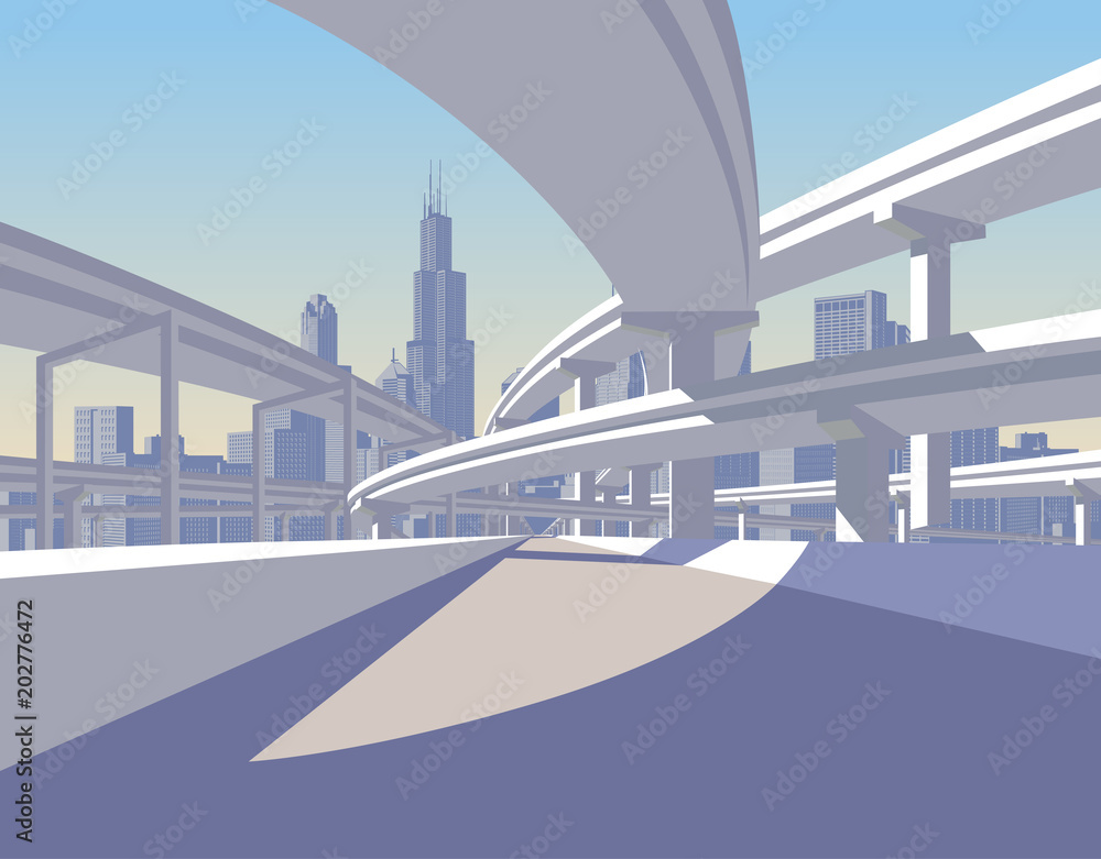 Fotografie Highway overpass and city skyline in sun light