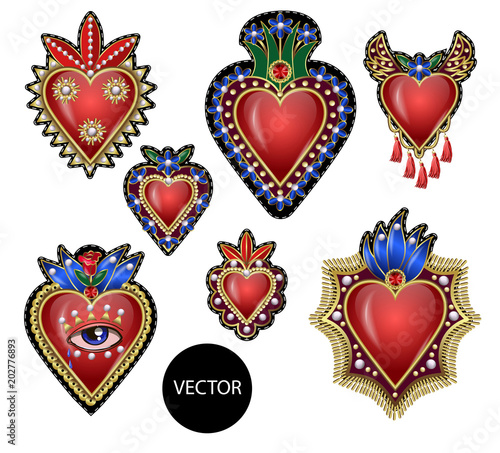 Traditional Mexican hearts with fire and flowers, embroidered sequins, beads and pearls. Vector patches.