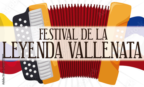 Waving Flags and Accordion Promoting the Vallenato Legend Festival, Vector Illustration