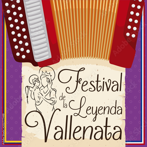 Accordion and Lady of the Rosary for Vallenato Legend Festival, Vector Illustration