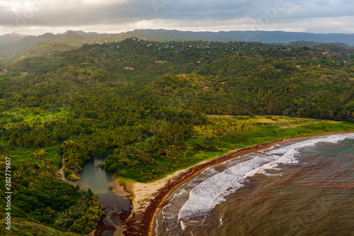 Aerial View of a Waves on a Beach, Hills, Valleys and Clouds, in St. Lucia