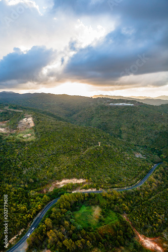 Aerial View of a Road, Valley and Hills, in St. Lucia