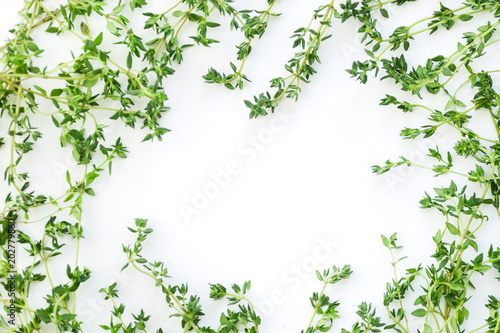 Overhead view of thyme leaves and twigs arranged in frame form with text space on white background
