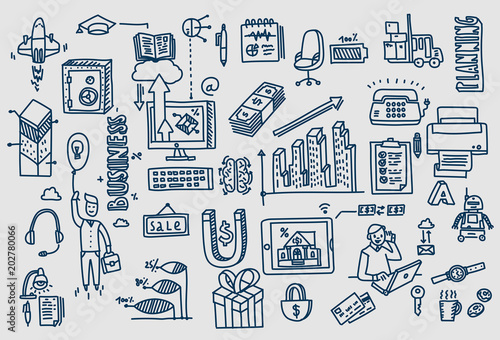 Business doodles Hand drawn vector elements and symbols.