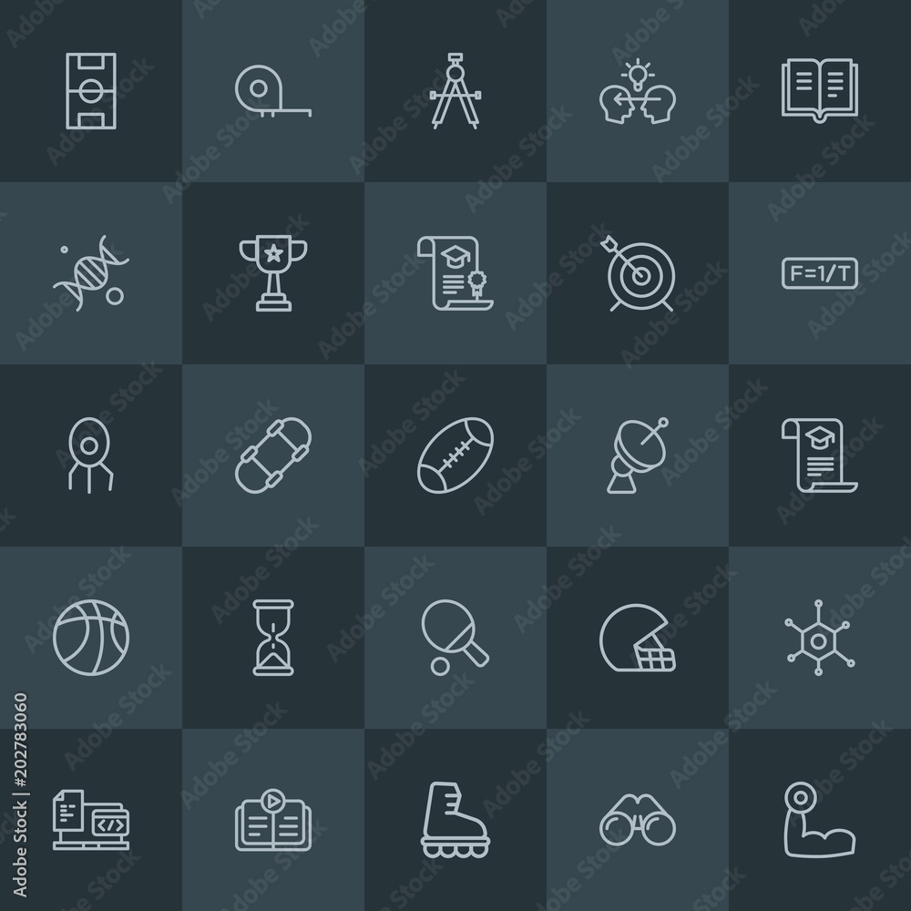 Modern Simple Set of science, sports, education Vector outline Icons. Contains such Icons as meter,  zoom,  shoe,  sexy,  learning,  look and more on dark background. Fully Editable. Pixel Perfect.