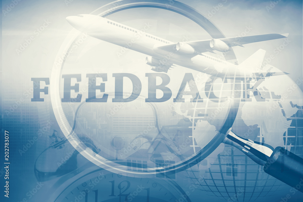 Graphic airplane against magnifying glass showing feedback word