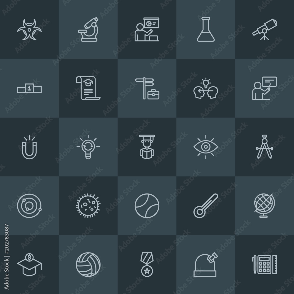 Modern Simple Set of science, sports, education Vector outline Icons. Contains such Icons as  nuclear, ball,  scale,  tutor,  coach, concept and more on dark background. Fully Editable. Pixel Perfect.