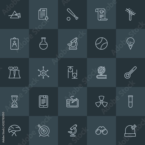 Modern Simple Set of science, sports, education Vector outline Icons. Contains such Icons as science, nuclear, reaction, science, helmet and more on dark background. Fully Editable. Pixel Perfect.