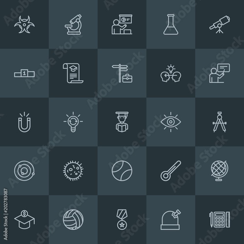 Modern Simple Set of science, sports, education Vector outline Icons. Contains such Icons as nuclear, ball, scale, tutor, coach, concept and more on dark background. Fully Editable. Pixel Perfect.