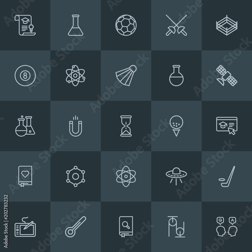 Modern Simple Set of science, sports, education Vector outline Icons. Contains such Icons as web, education, concept, technology, magnet and more on dark background. Fully Editable. Pixel Perfect.
