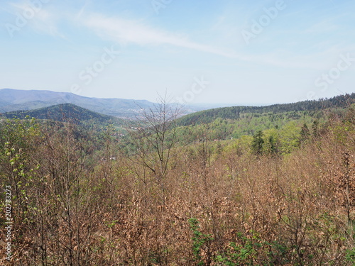 View of Little Beskid Mountains range landscape seen from Przegibek pass near Bielsko-Biala city in Poland photo