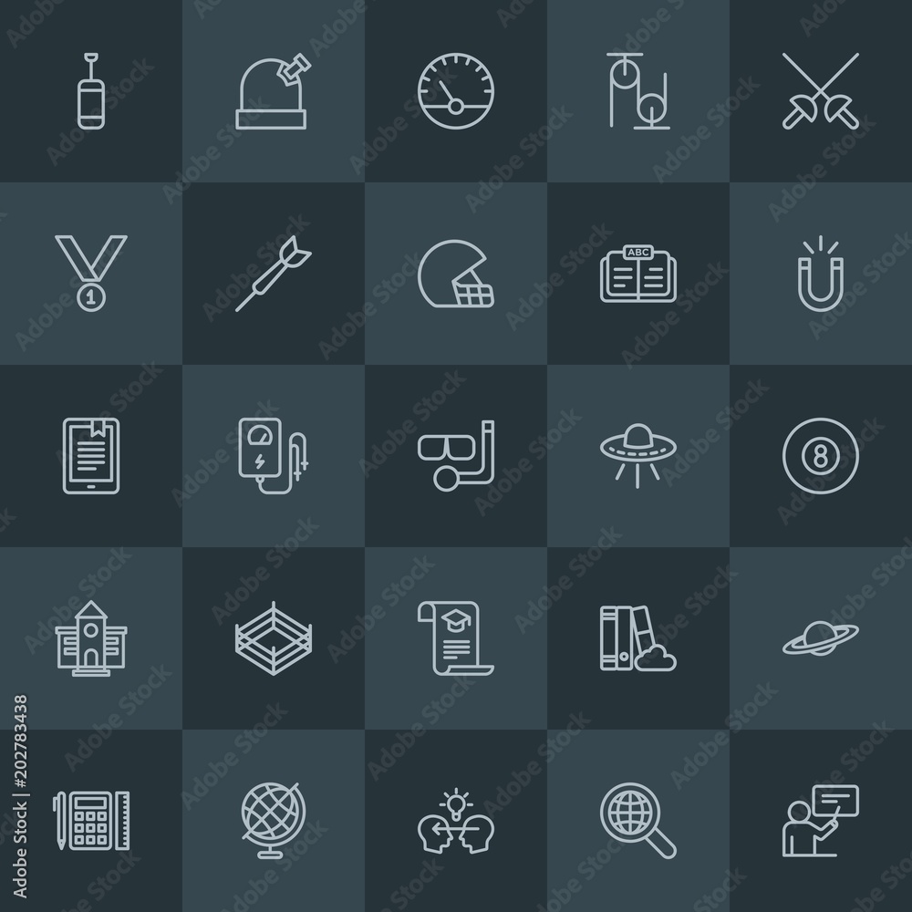 Modern Simple Set of science, sports, education Vector outline Icons. Contains such Icons as education,  device,  night,  teamwork,  saturn and more on dark background. Fully Editable. Pixel Perfect.
