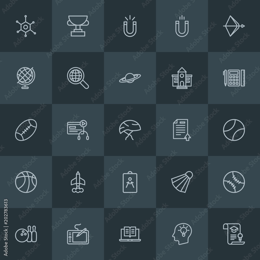 Modern Simple Set of science, sports, education Vector outline Icons. Contains such Icons as technology,  bowling, internet,  technology and more on dark background. Fully Editable. Pixel Perfect.