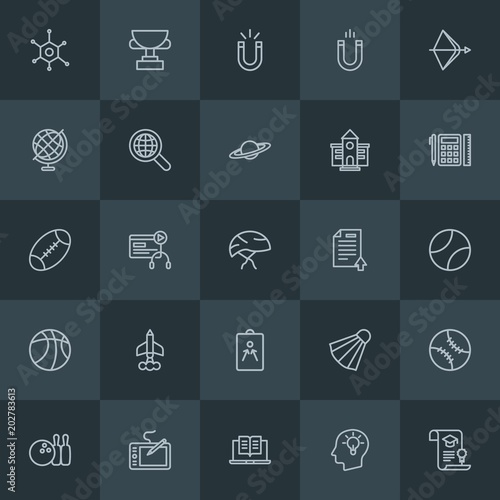 Modern Simple Set of science, sports, education Vector outline Icons. Contains such Icons as technology, bowling, internet, technology and more on dark background. Fully Editable. Pixel Perfect.