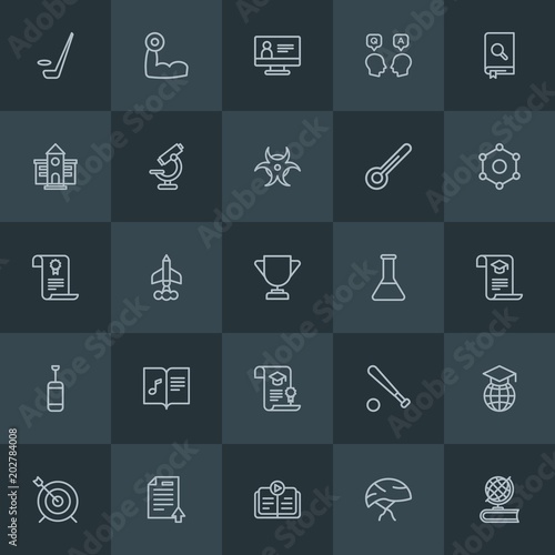 Modern Simple Set of science, sports, education Vector outline Icons. Contains such Icons as  sound, ice,  online,  book,  travel,  world and more on dark background. Fully Editable. Pixel Perfect.