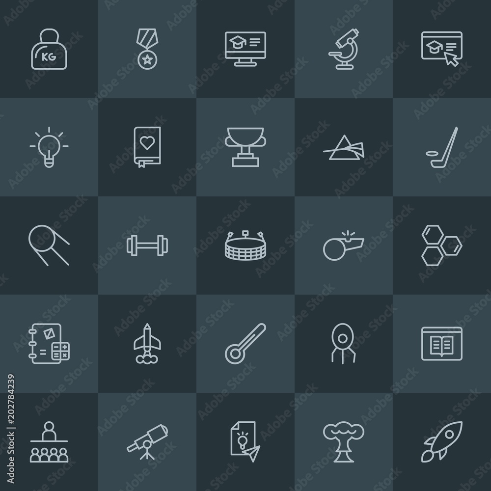Modern Simple Set of science, sports, education Vector outline Icons. Contains such Icons as discovery, ebook, sign, award, fitness and more on dark background. Fully Editable. Pixel Perfect. Modern Simple Set of science, sports, education Vector outline Icons. Contains such Icons as discovery, ebook, sign, award, fitness and more on dark background. Fully Editable. Pixel Perfect.