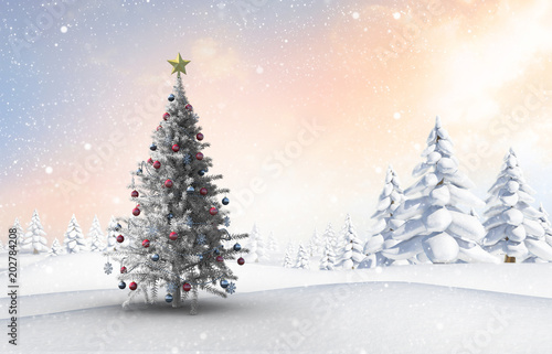 Christmas tree against snowy landscape with fir trees © vectorfusionart