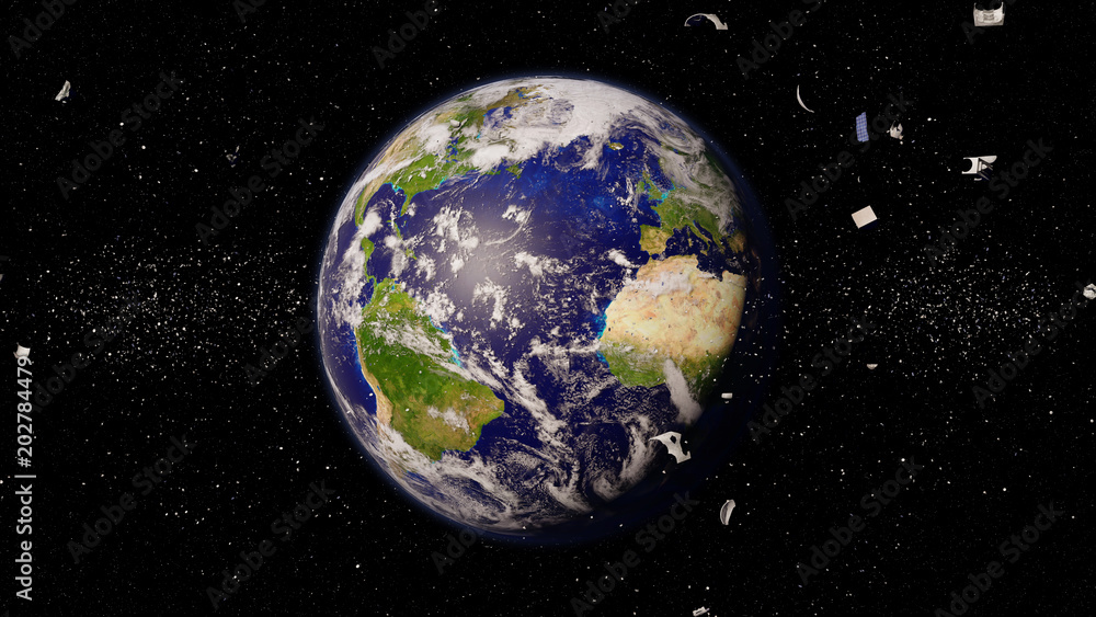 space debris in Earth orbit, dangerous trash orbiting around the blue planet space debris in Earth orbit, dangerous trash orbiting around the blue planet
