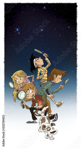 Grupo de niños investigando un misterio de noche