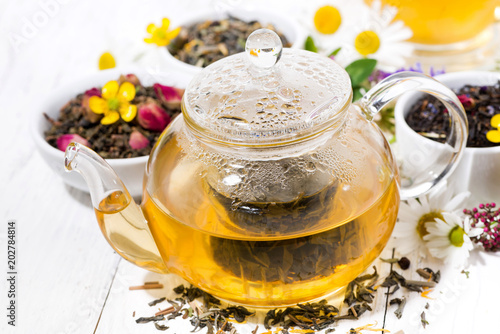 fragrant herbal tea in a teapot on white background, closeup