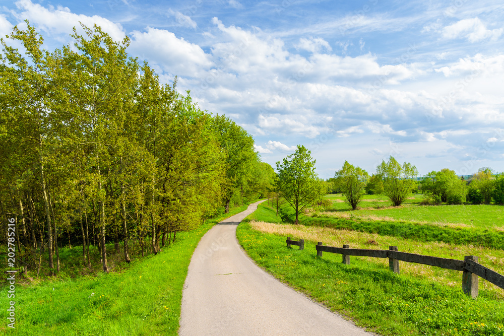 Rural road along Vistula river among green fields near Krakow city during spring season, Poland Rural road along Vistula river among green fields near Krakow city during spring season, Poland