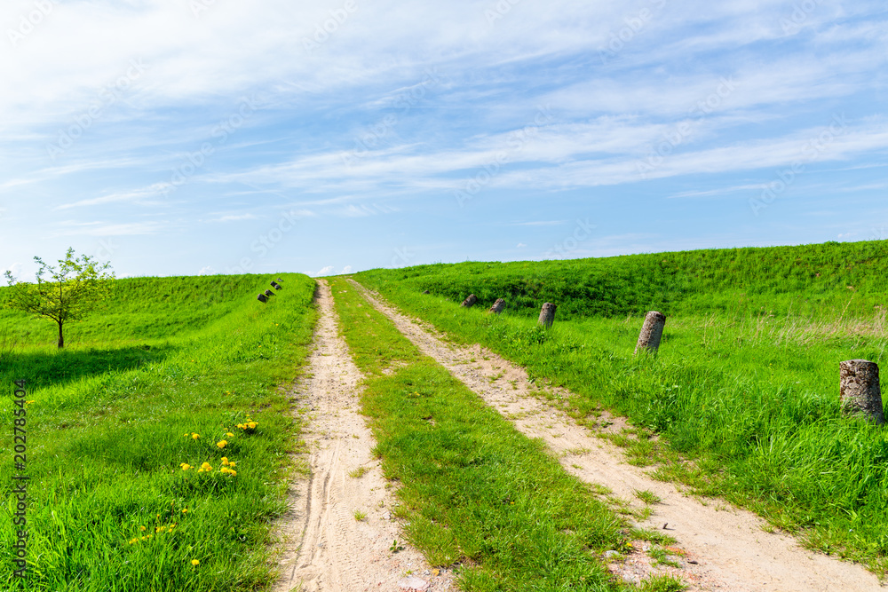 Rural road in green spring landscape near Vistula river, Poland Rural road in green spring landscape near Vistula river, Poland