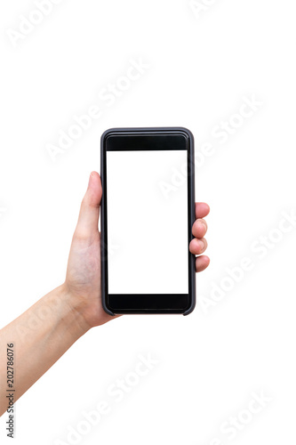 Close up hand woman holding and using phone on isolated with clipping path.