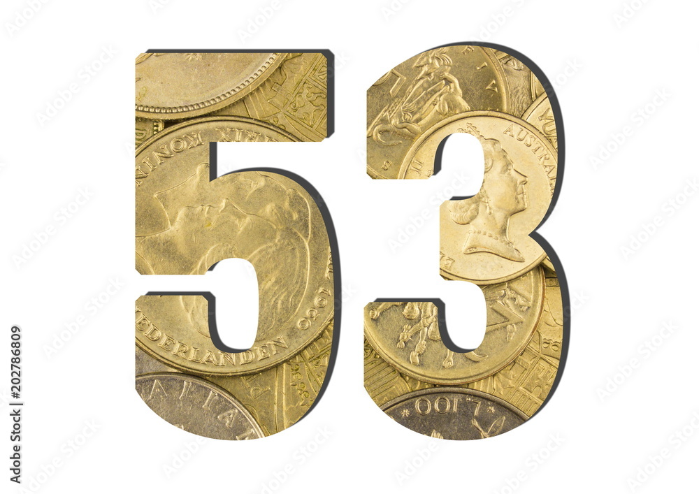 53 Number. Shiny golden coins textures for designers. White isolate 53 Number. Shiny golden coins textures for designers. White isolate
