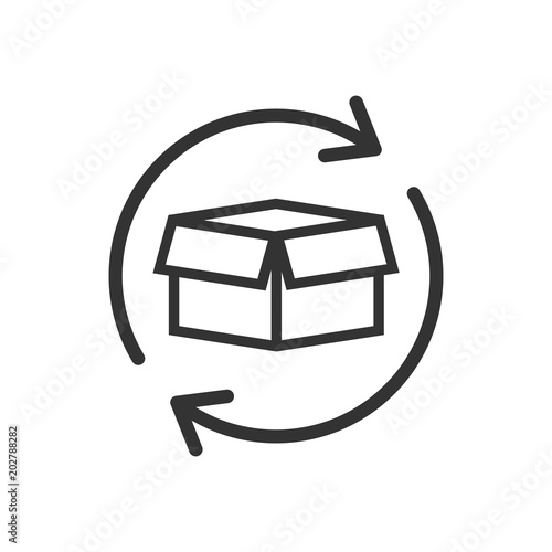 Box package return icon in flat style. Delivery box with arrow illustration on white isolated background. Cargo shipping business concept. photo