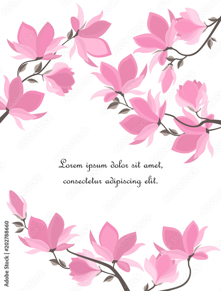 Vector illustration branches with floral decoration. Spring magnolia. Background with pink flowers
