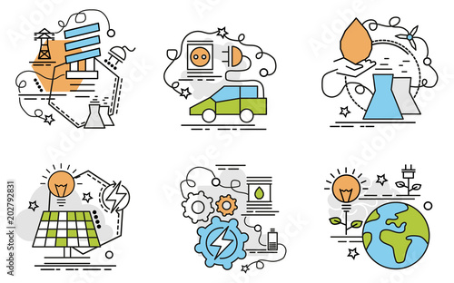 Set of outline icons of Renewable Energy..Colorful icons for website, mobile, app design and print.